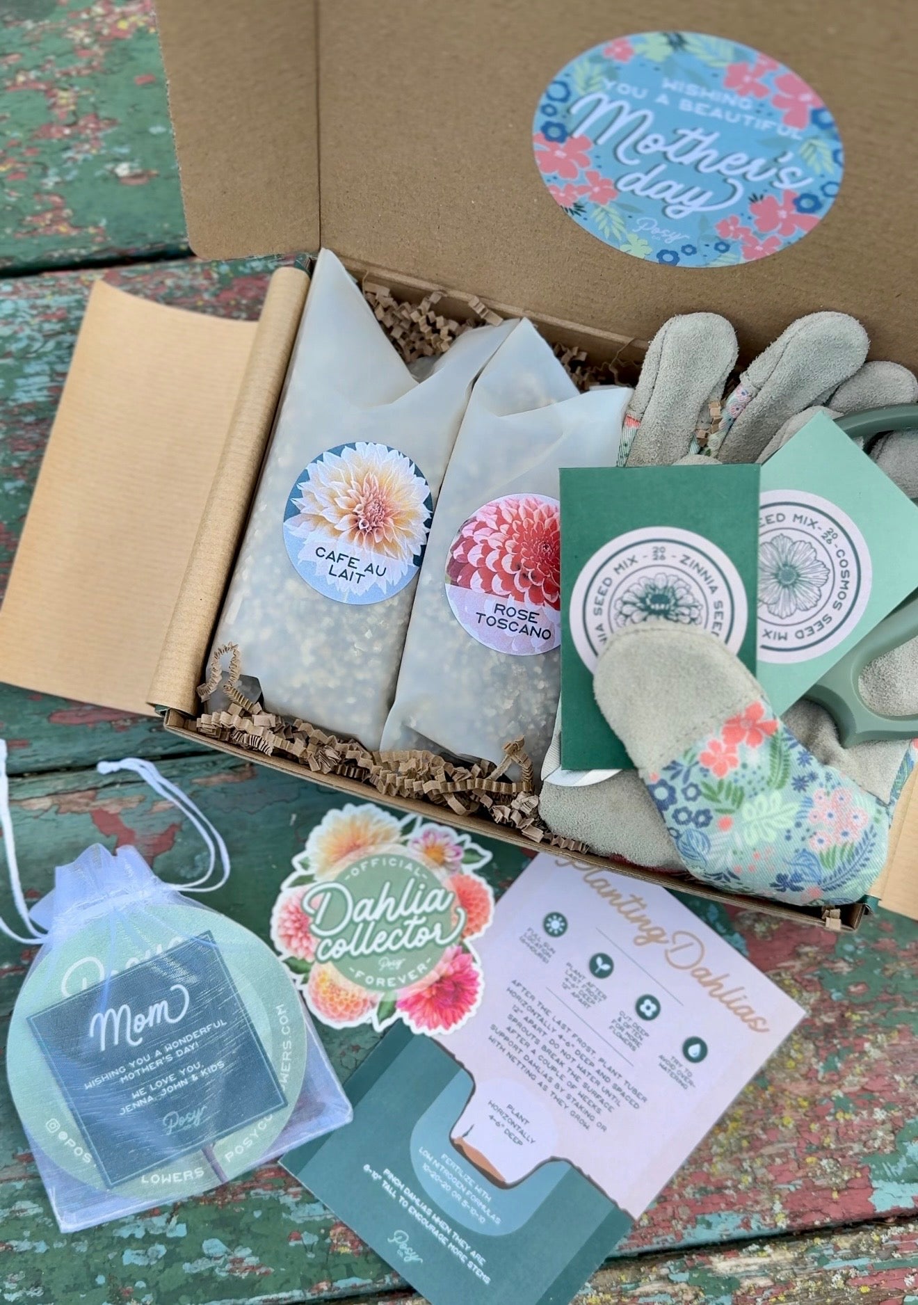 Gardening gift set with seed packets, gloves, and a card on a wooden surface.